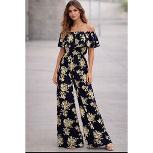 Prelude Navy And Gold Floral Print Off Shoulder Ruffle Jumpsuit‎ Large
